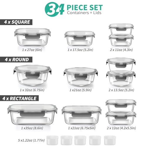 34pcs Glass Food Storage Containers with Lids, Airtight Meal Prep Set, Leak Proof, BPA-Free, Microwave Safe I72052