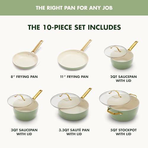 Hard Anodized Ceramic Nonstick 10 Piece Cookware Set, Gold Handle, Dishwasher Safe, Oven Safe W6982