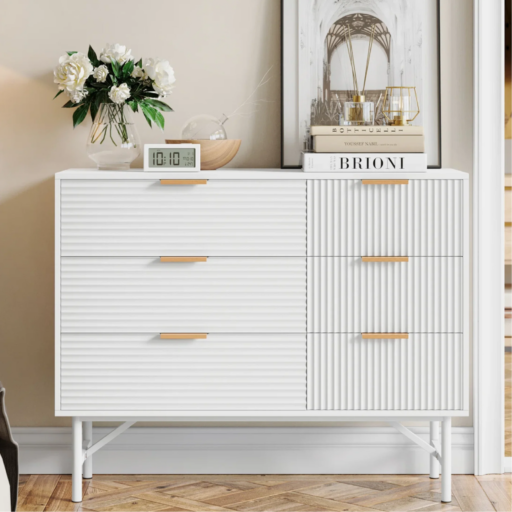 6 Drawer Dresser for Bedroom, Modern Creamy Wave Panel Wood Storage Cabinet X881