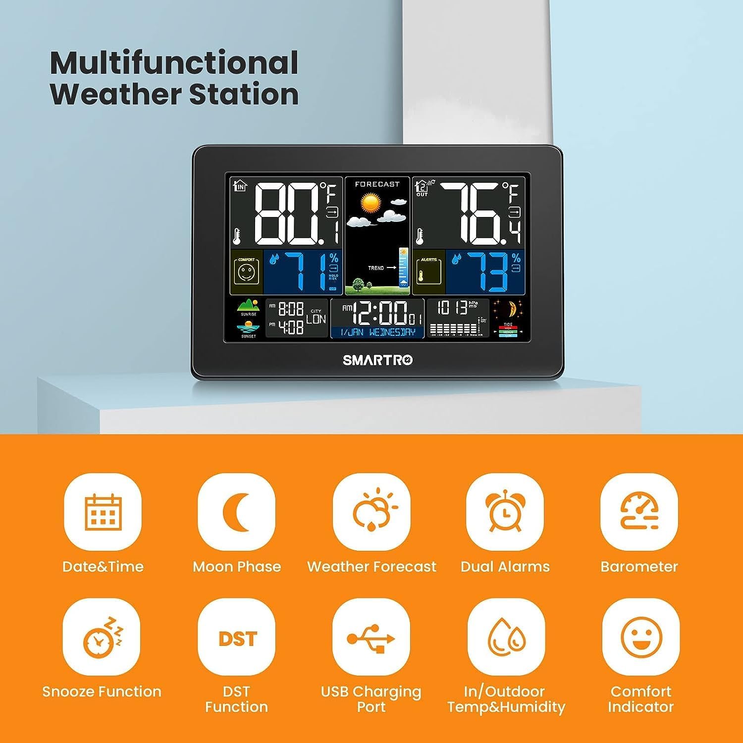 Wireless Indoor Outdoor Thermometer with Large Color Display and Humidity Monitor V409272
