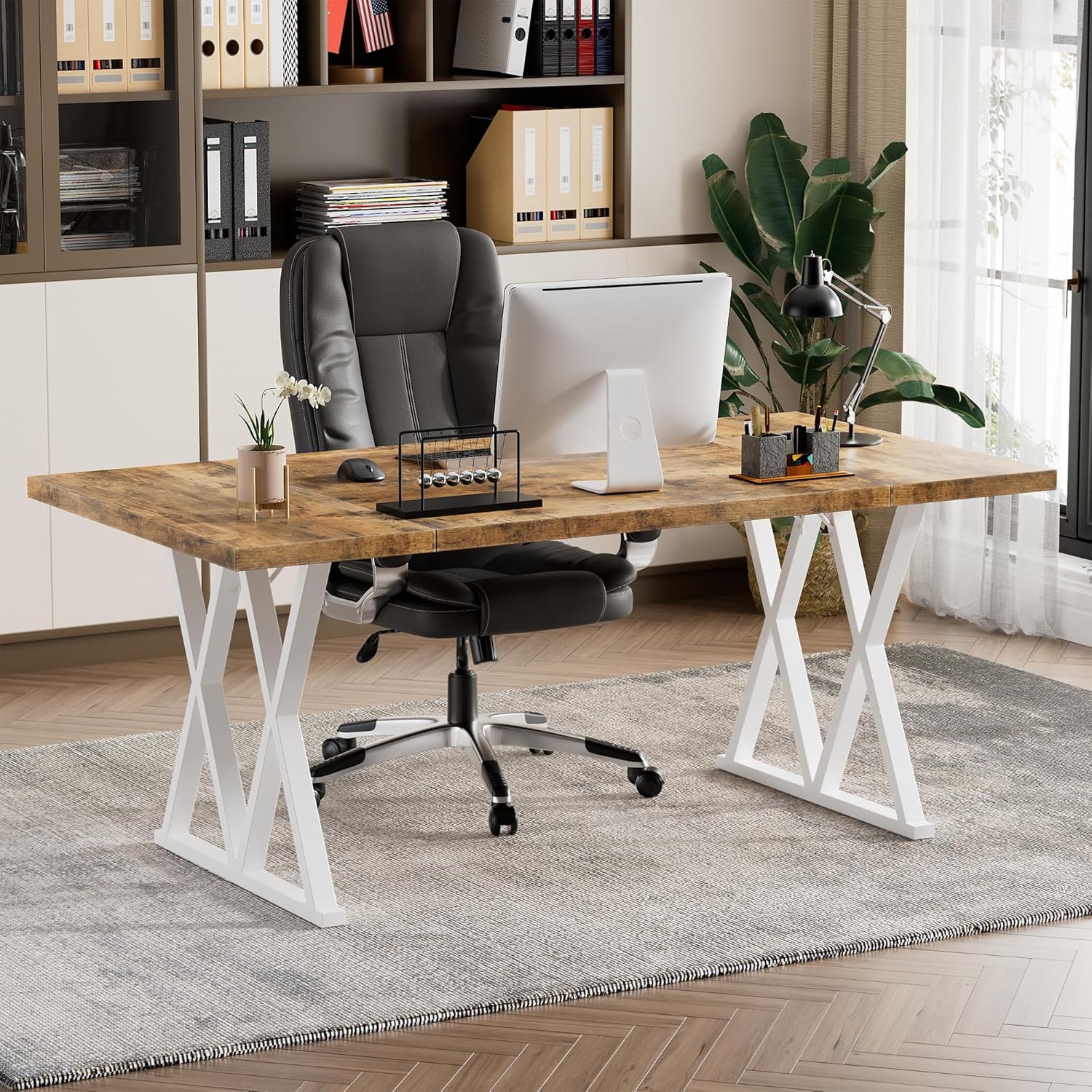 Large Executive Desk with X-Shaped Metal Legs, Modern Office Workstation P96479
