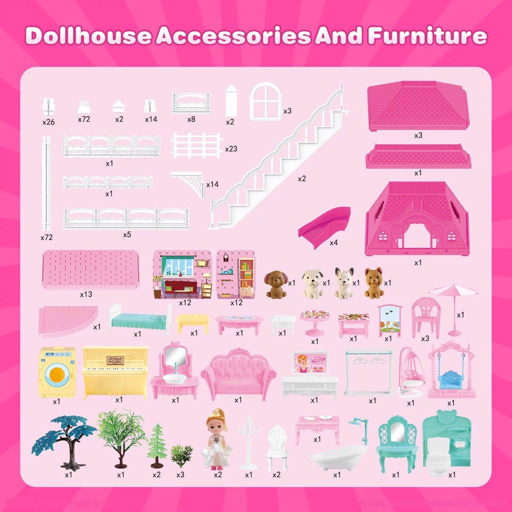 Dollhouse for Girls, 4 Stories 12 Rooms with 2 Princesses and Slide Accessories V867463