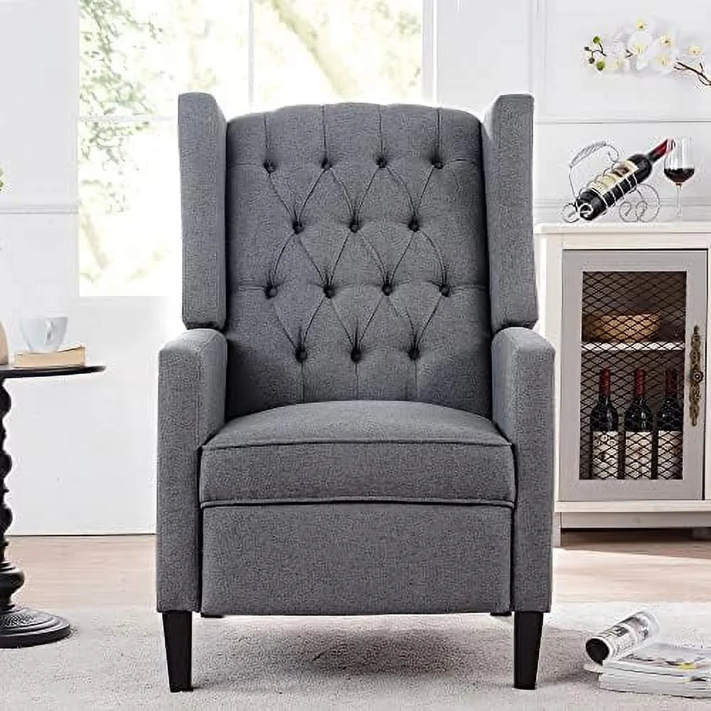 Wingback Recliner Chair Breathable Fabric Push Back for Living Room Small Spaces Manual Recliner Sofa with Nailhead Accents Wooden Legs Beige E411557
