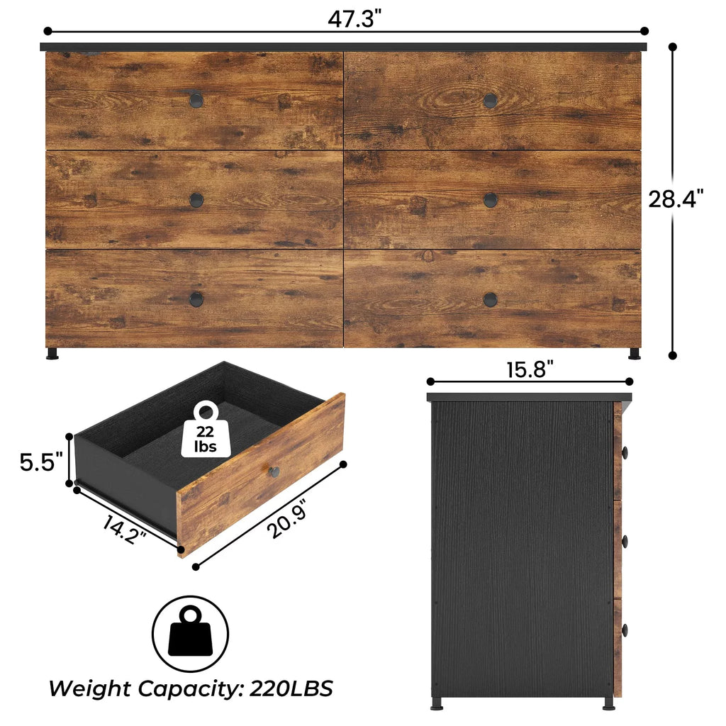 6 Drawer Double Dresser with Sturdy Steel Frame for Bedroom Z592273