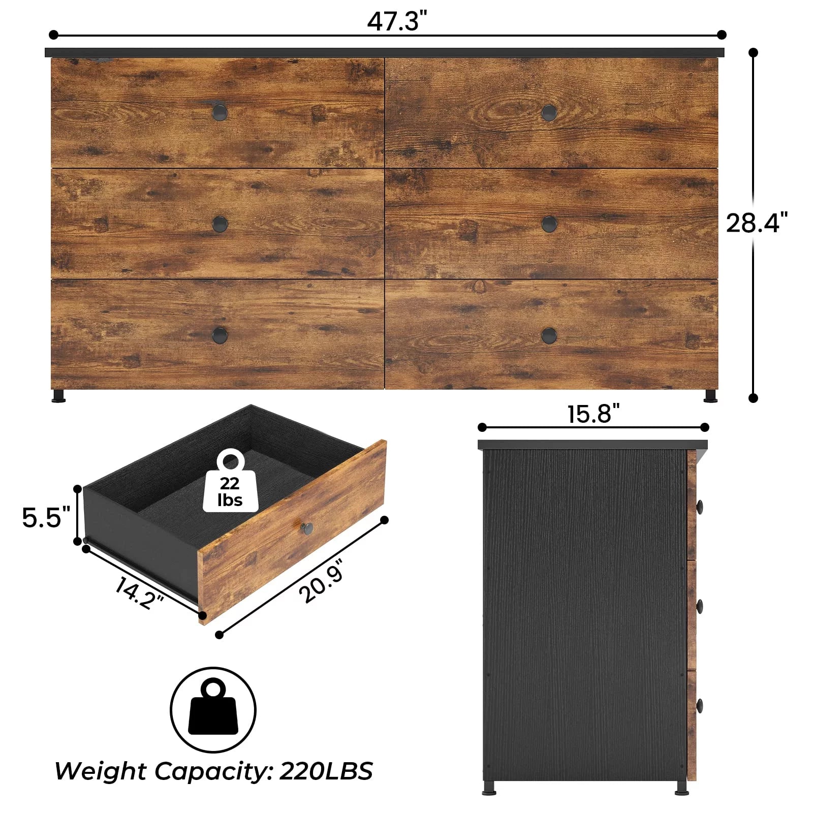 6 Drawer Double Dresser with Sturdy Steel Frame for Bedroom Z592273