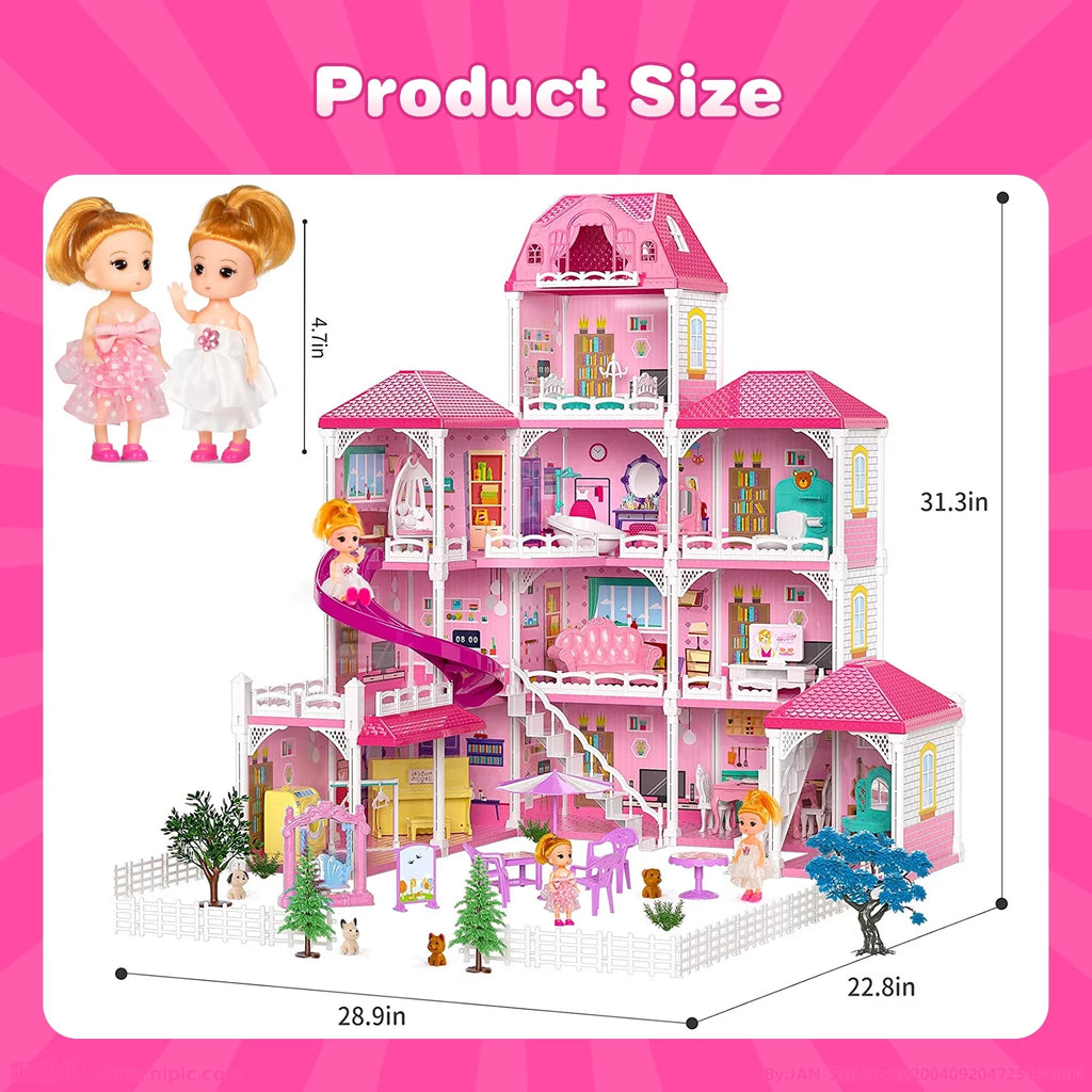 Dollhouse for Girls, 4 Stories 12 Rooms with 2 Princesses and Slide Accessories V867463