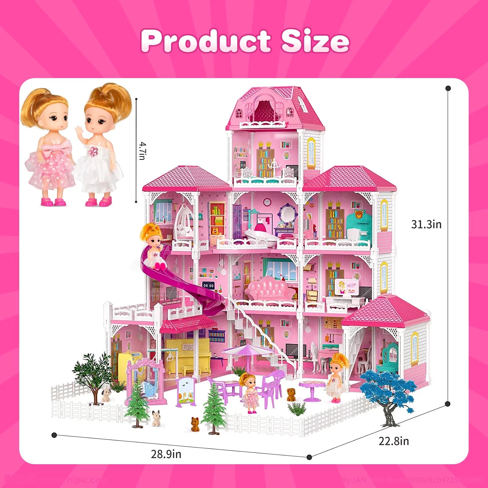 Dollhouse for Girls, 4 Stories 12 Rooms with 2 Princesses and Slide Accessories V867463