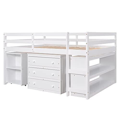 Low Study Loft Bed with Desk and Bookshelf J88891