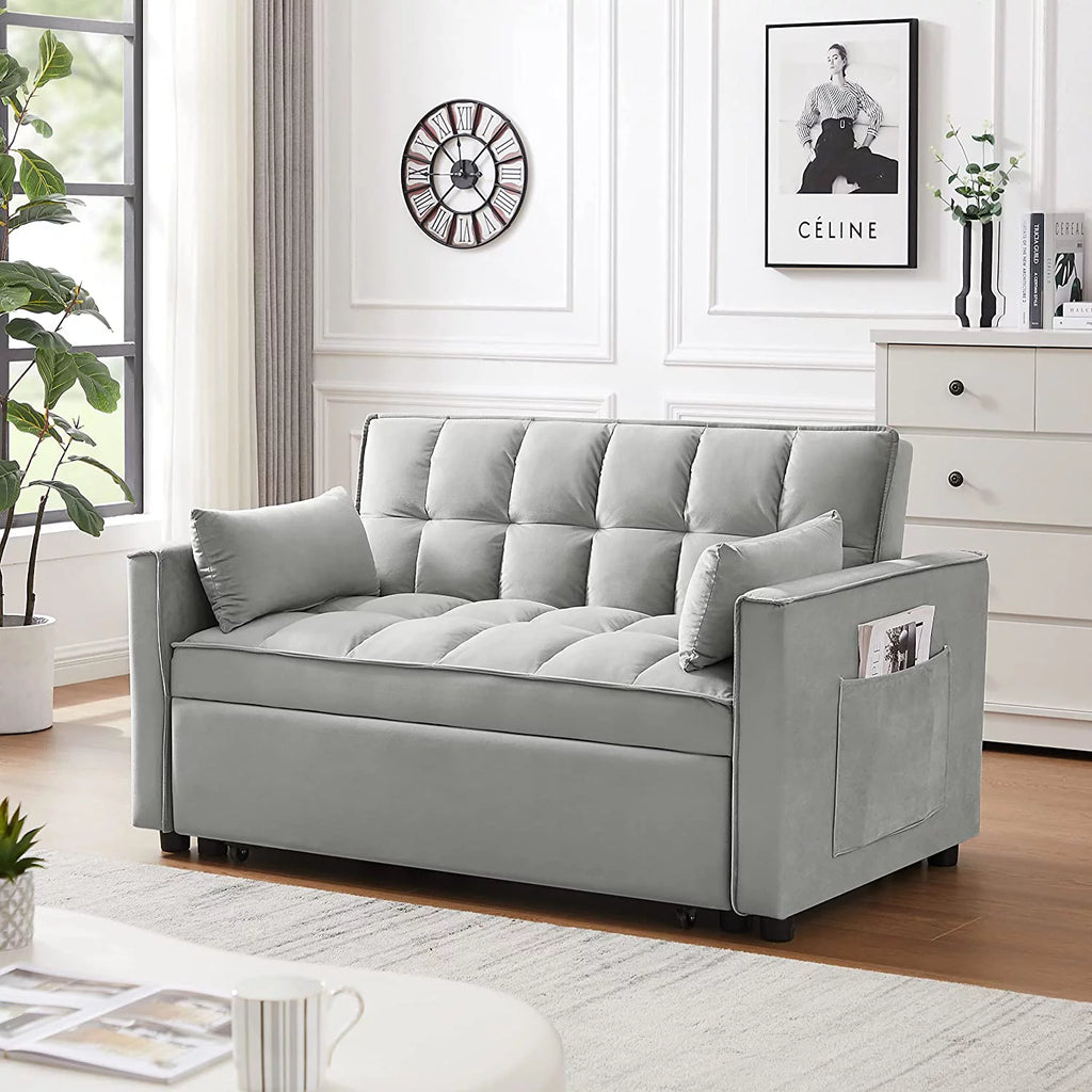 Pull Out Sleeper Sofa with Toss Pillows, Velvet Loveseat with Adjustable Backrest S57375