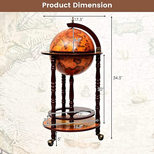 Globe Bar Cart, Wood Wine Cabinet with Wheels & Liquor Shelf D834655