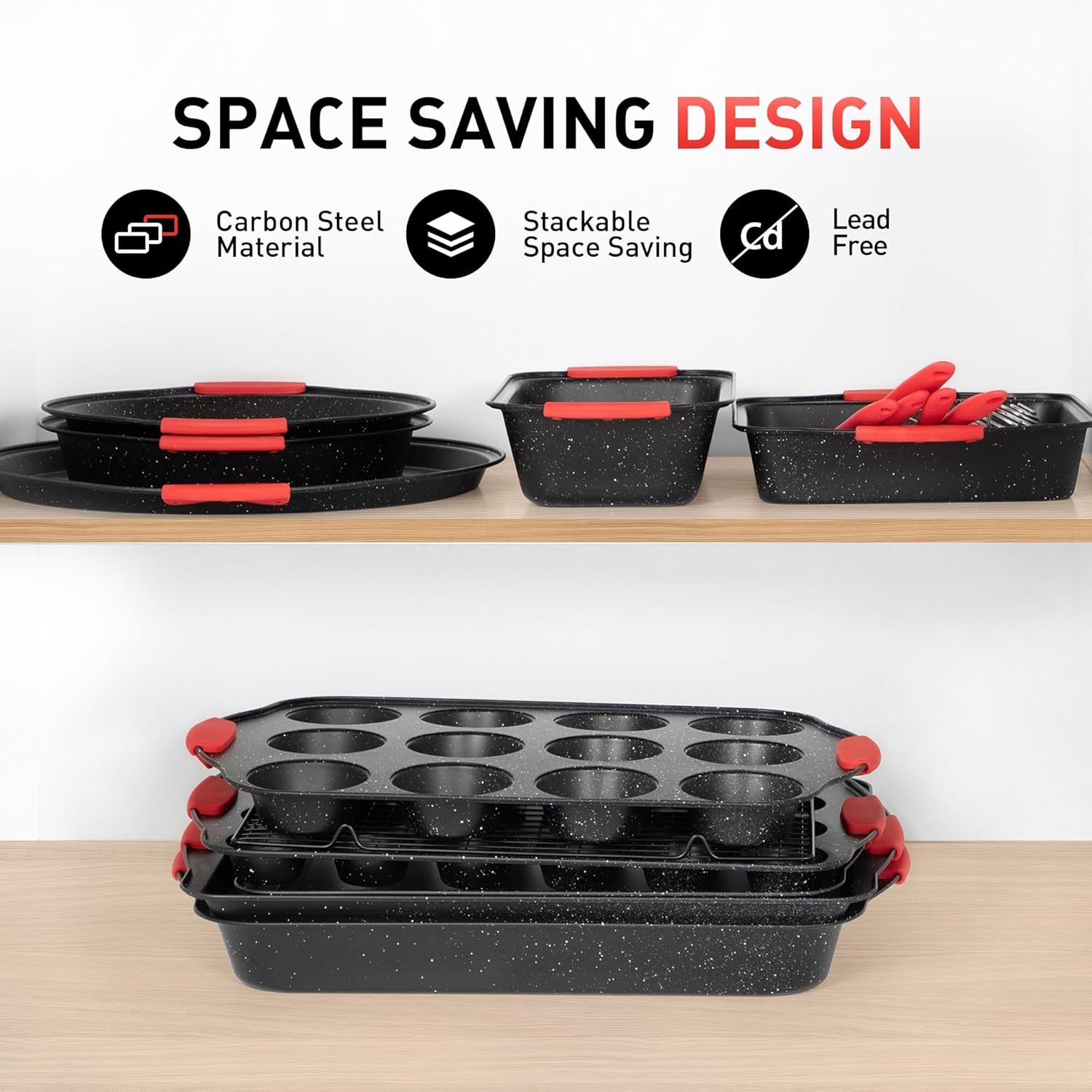 Nonstick Carbon Steel Baking Pans Set, 18-Piece Stackable Bakeware Y198