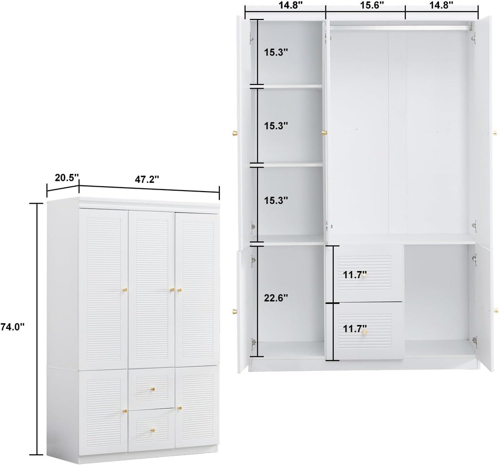 3 Door Armoire Wardrobe with 2 Drawers and Hanging Rod Z772247