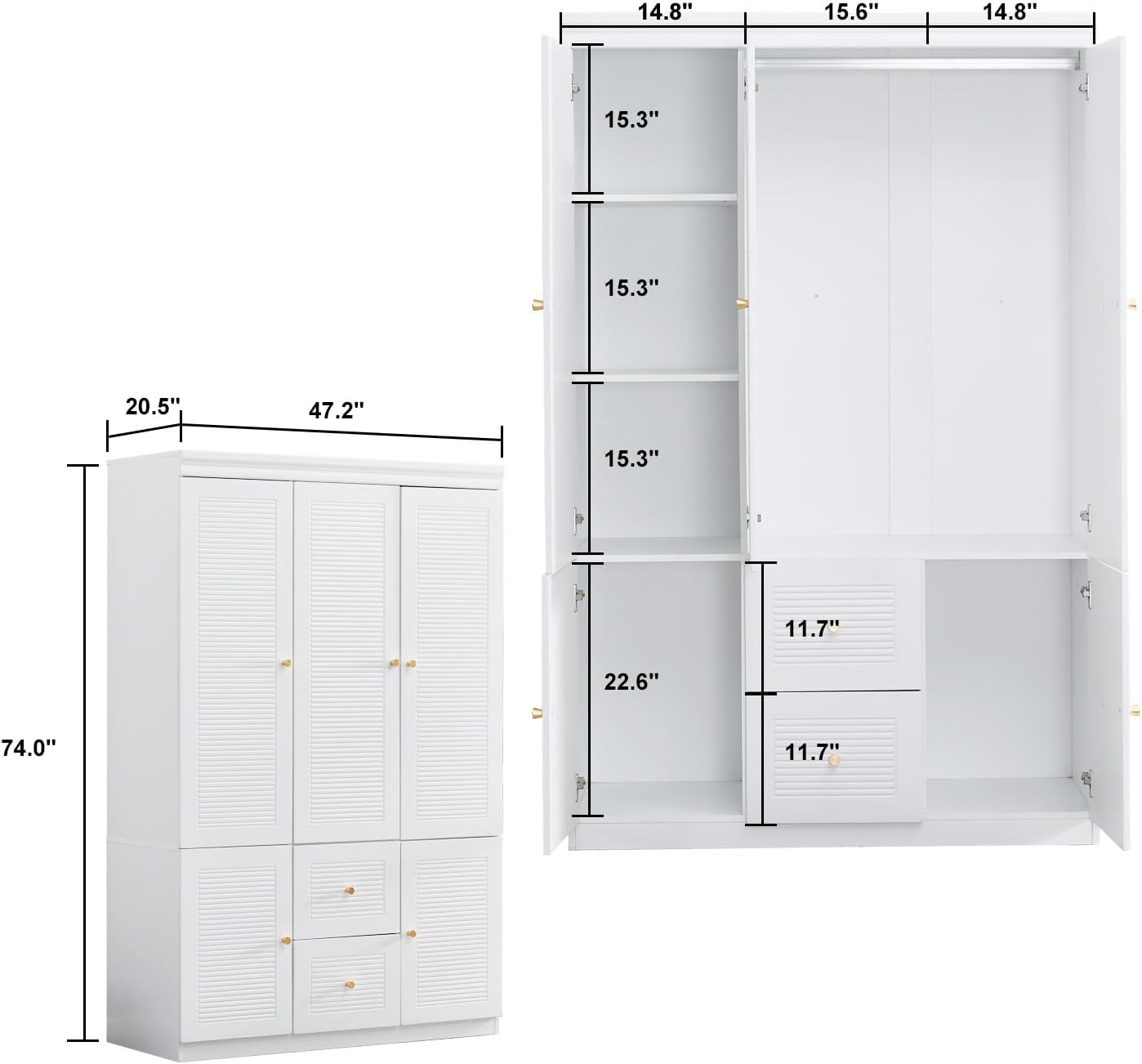 3 Door Armoire Wardrobe with 2 Drawers and Hanging Rod Z772247