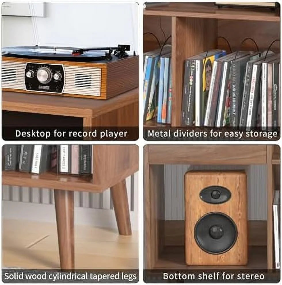Mid-Century Record Player Stand with Vinyl Cabinet and Power Outlet C580