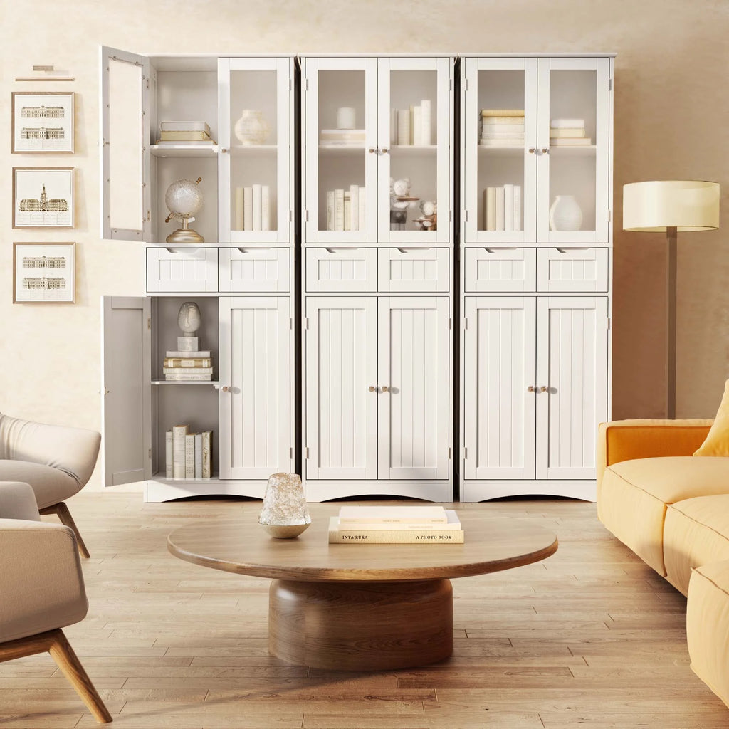Tall Storage Cabinet with Glass Doors and 2 Drawers, Dark Brown V33192