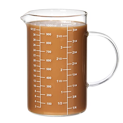 77L Glass Measuring Cup, [Insulated handle, V-Shaped Spout], High Borosilicate Glass Measuring Cup for Kitchen or Restaurant, Easy To Read, 500 ML (0.5 Liter, 2 Cup)