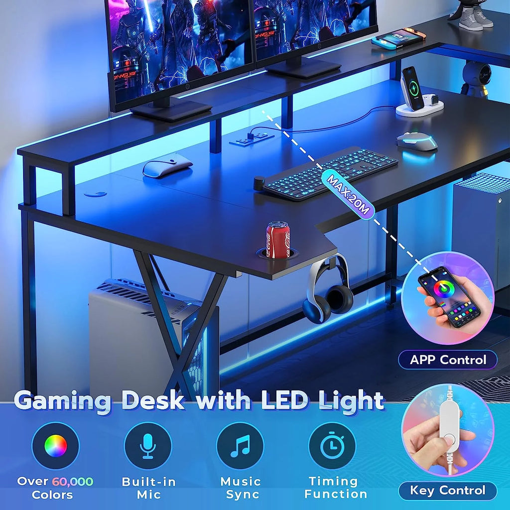 Gaming Desk with LED Lights and Storage Shelves D8814