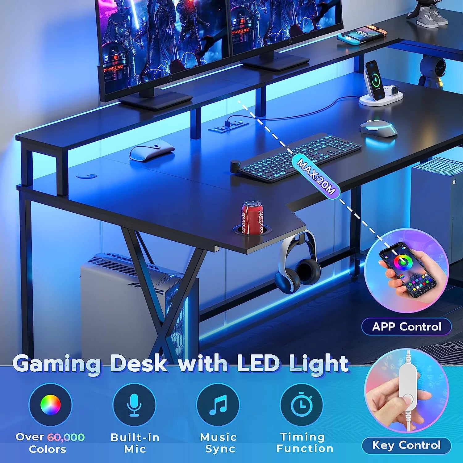Gaming Desk with LED Lights and Storage Shelves D8814