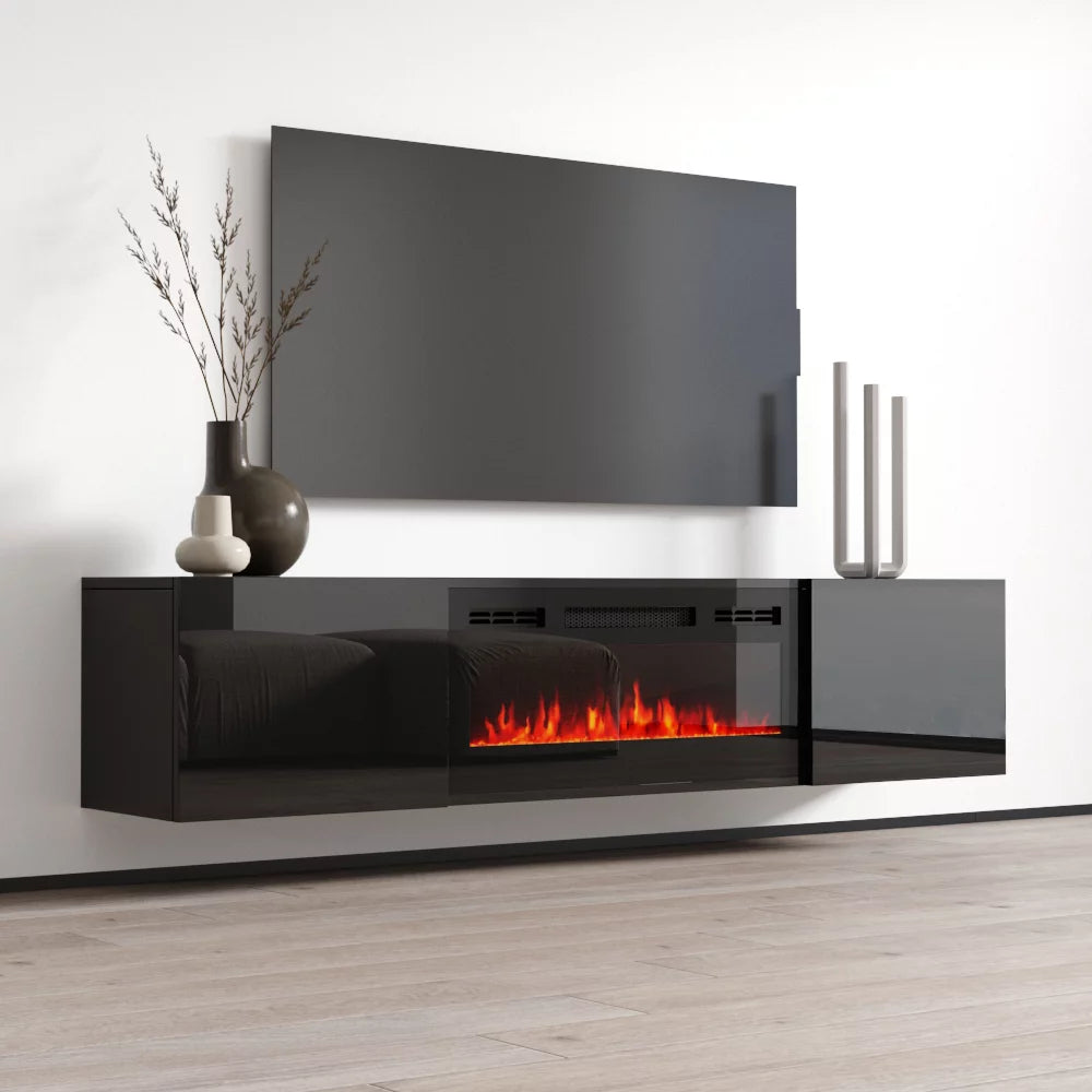 Floating Fireplace TV Stand for TVs up to 80", Modern High Gloss Entertainment Center with Storage I43928