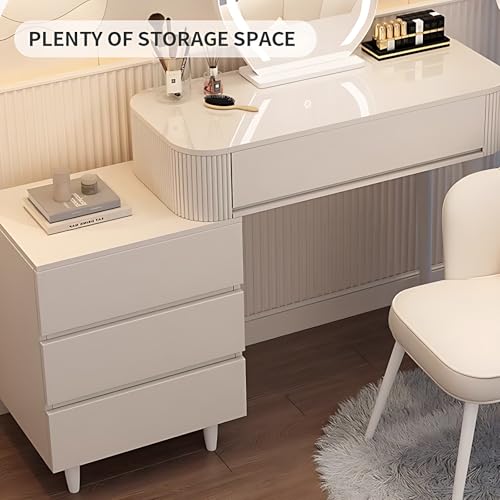 Vanity Table with Drawers and LED Makeup Mirror, Solid Wood, Round Mirror 40" Q26955