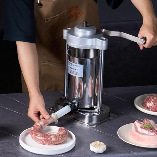 Manual Sausage Stuffer, 7L Vertical Meat Stuffer, Dual-Speed, Stainless Steel, 5 Tubes A13377