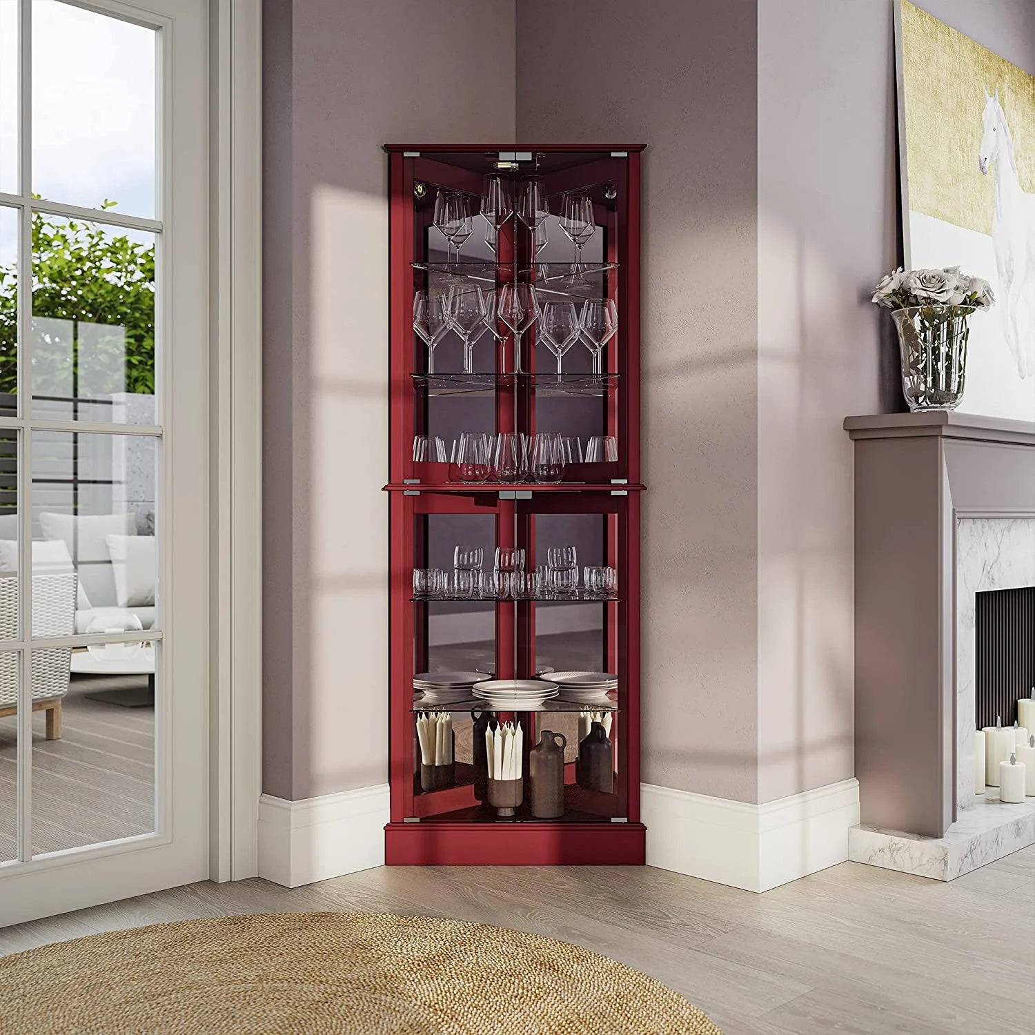 Lighted Corner Curio Cabinet with Tempered Glass Door and 6 Shelves S176