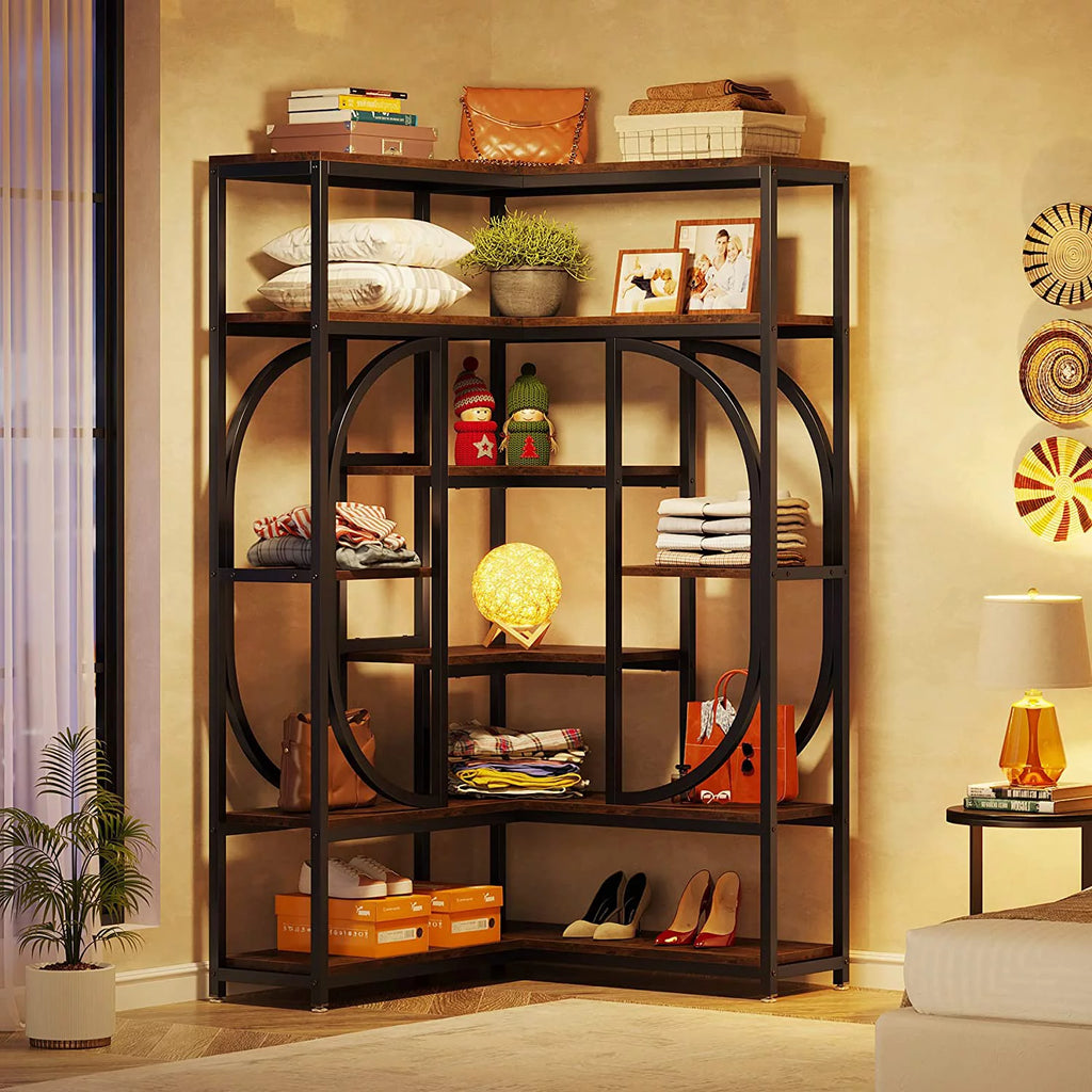 L Shaped Corner Bookshelf, 7 Shelf Bookcase, Rustic Brown & Black H2582