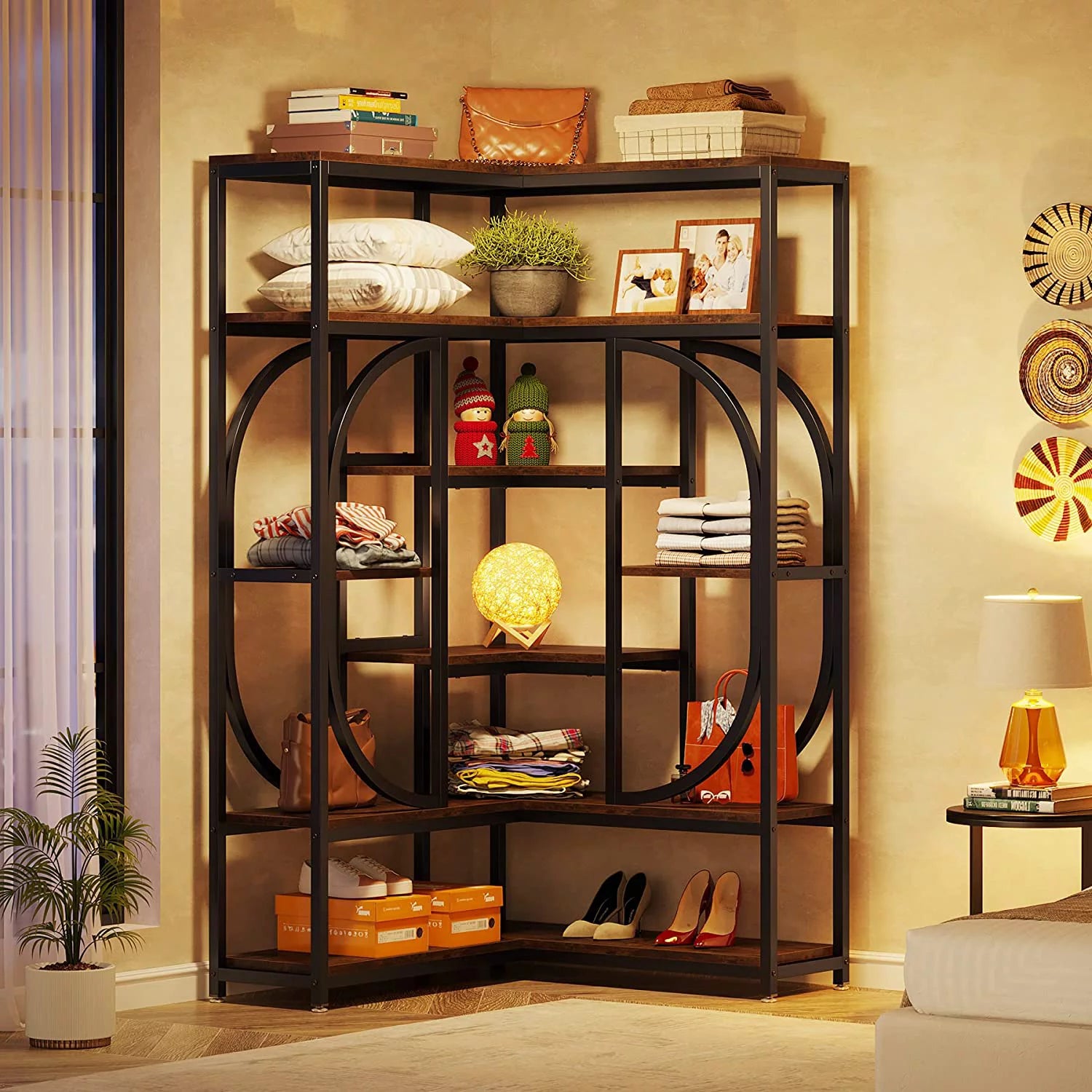 L Shaped Corner Bookshelf, 7 Shelf Bookcase, Rustic Brown & Black H2582