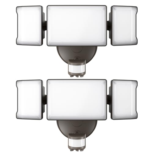 Olafus 65W Motion Sensor Outdoor Light, 2 Pack LED Security Light 6000LM, 6500K Exterior Motion Flood Light with 3 Adjustable Heads, for Outside Garage, Yard, Patio, IP65 Waterproof, Black