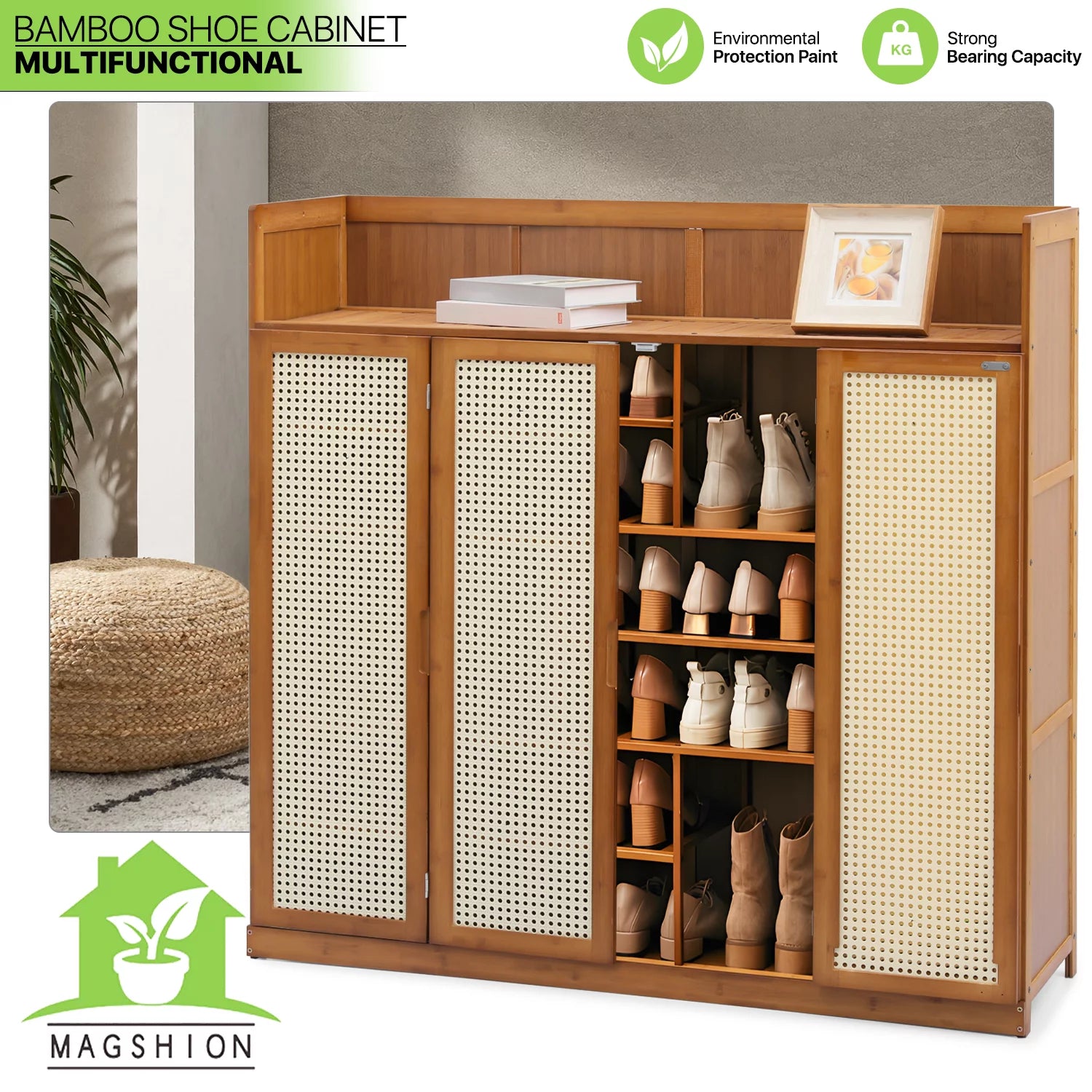 Bamboo 7-Tier Shoe Storage Cabinet with Folding Doors N918048