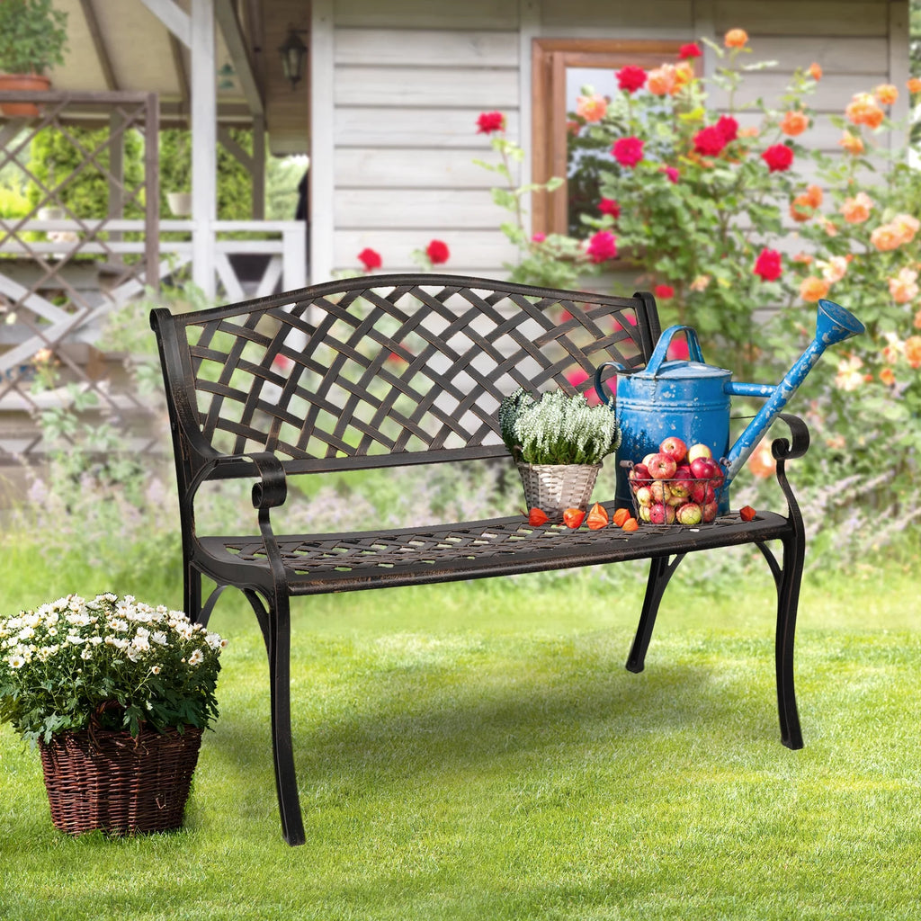 Patio Garden Bench, Anti-Rust Cast Aluminum Frame for Outdoor Yard Lawn Decor T41016