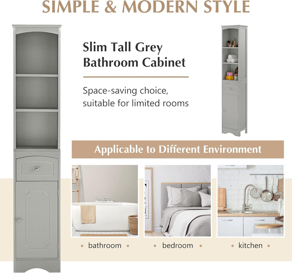 Narrow Freestanding Bathroom Storage Cabinet with 3-Tier Shelf and Drawer O805