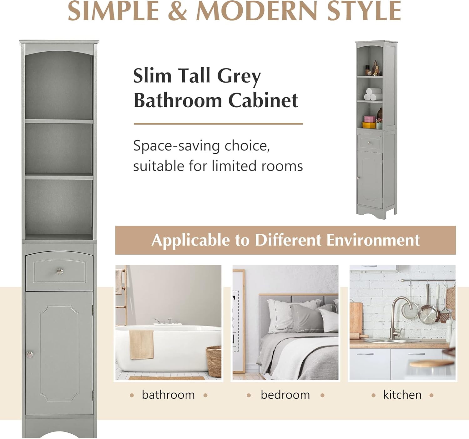 Narrow Freestanding Bathroom Storage Cabinet with 3-Tier Shelf and Drawer O805