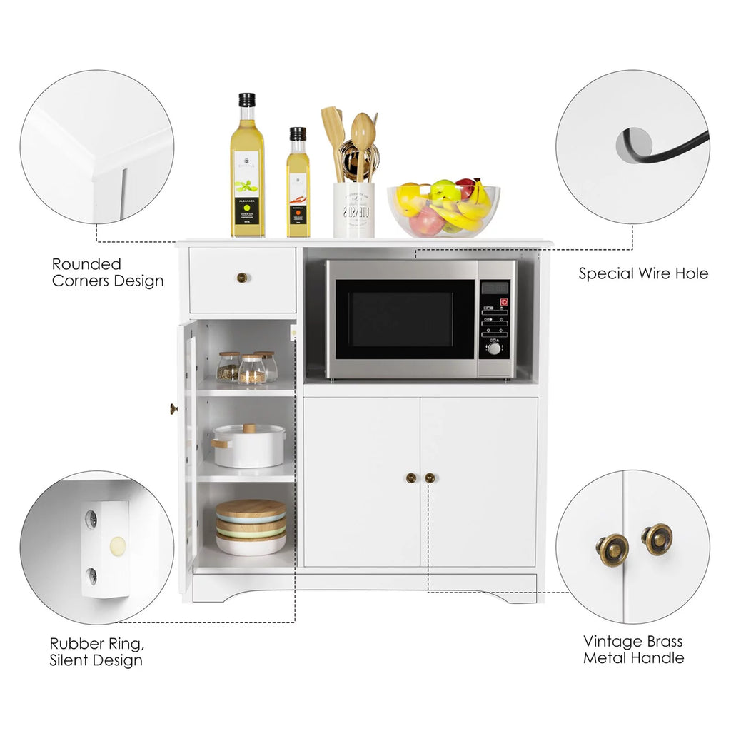 Microwave Cabinet with Hutch, Kitchen Pantry Sideboard with Adjustable Shelves and Drawer, White O10197