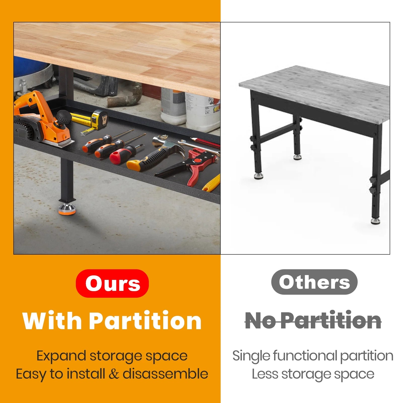 48" Adjustable Heavy-Duty Workbench with Rubber Wood Top V1606