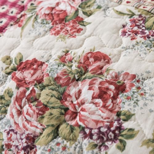 Cotswolds Patchwork Cotton Pieced Quilt Set, Queen Size with 2 Shams, Neutral Floral Cream Bedding A162361
