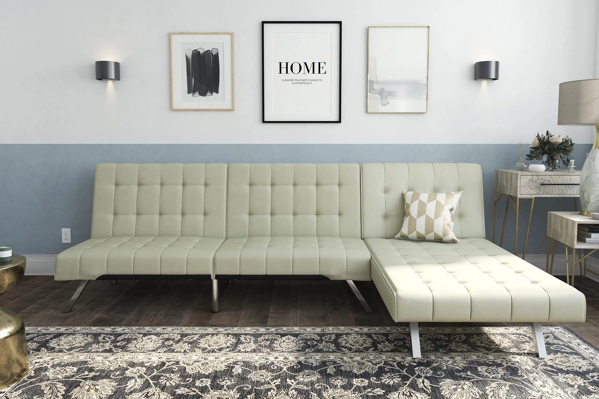 DHP Emily Sectional Futon Sofa Bed with Convertible Chaise Lounger, Modern Design with Sturdy Chrome Legs, Vanilla Faux Leather