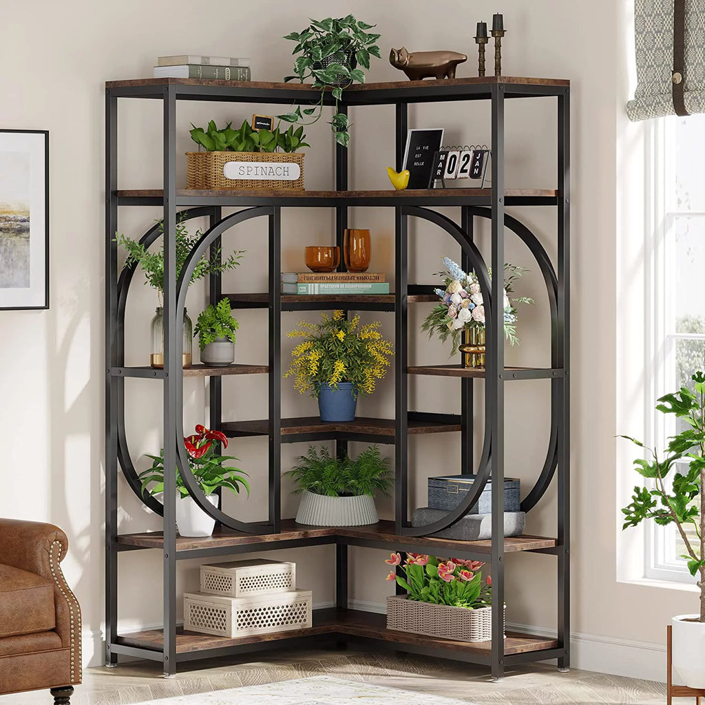 L Shaped Corner Bookshelf, 7 Shelf Bookcase, Rustic Brown & Black H2582