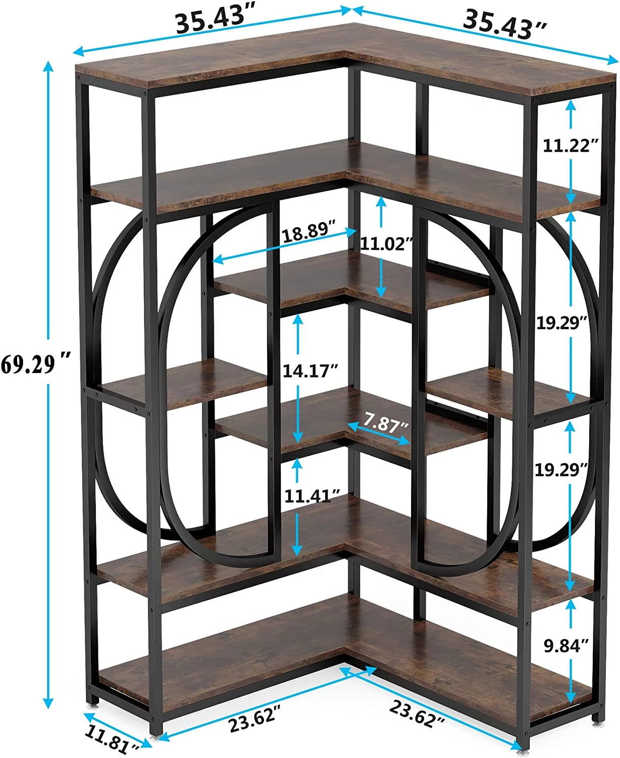 L Shaped Corner Bookshelf, 7 Shelf Bookcase, Rustic Brown & Black H2582