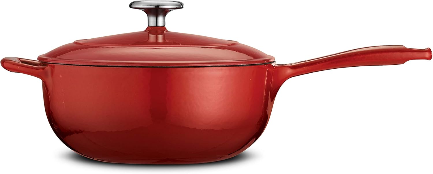 Enameled Cast Iron Saucier Pan with Lid, 3-Quart Red C5994