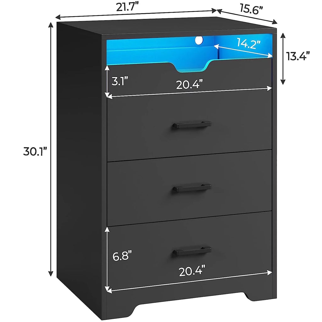3 Drawers Dresser with LED Lights for Bedroom, Black P281