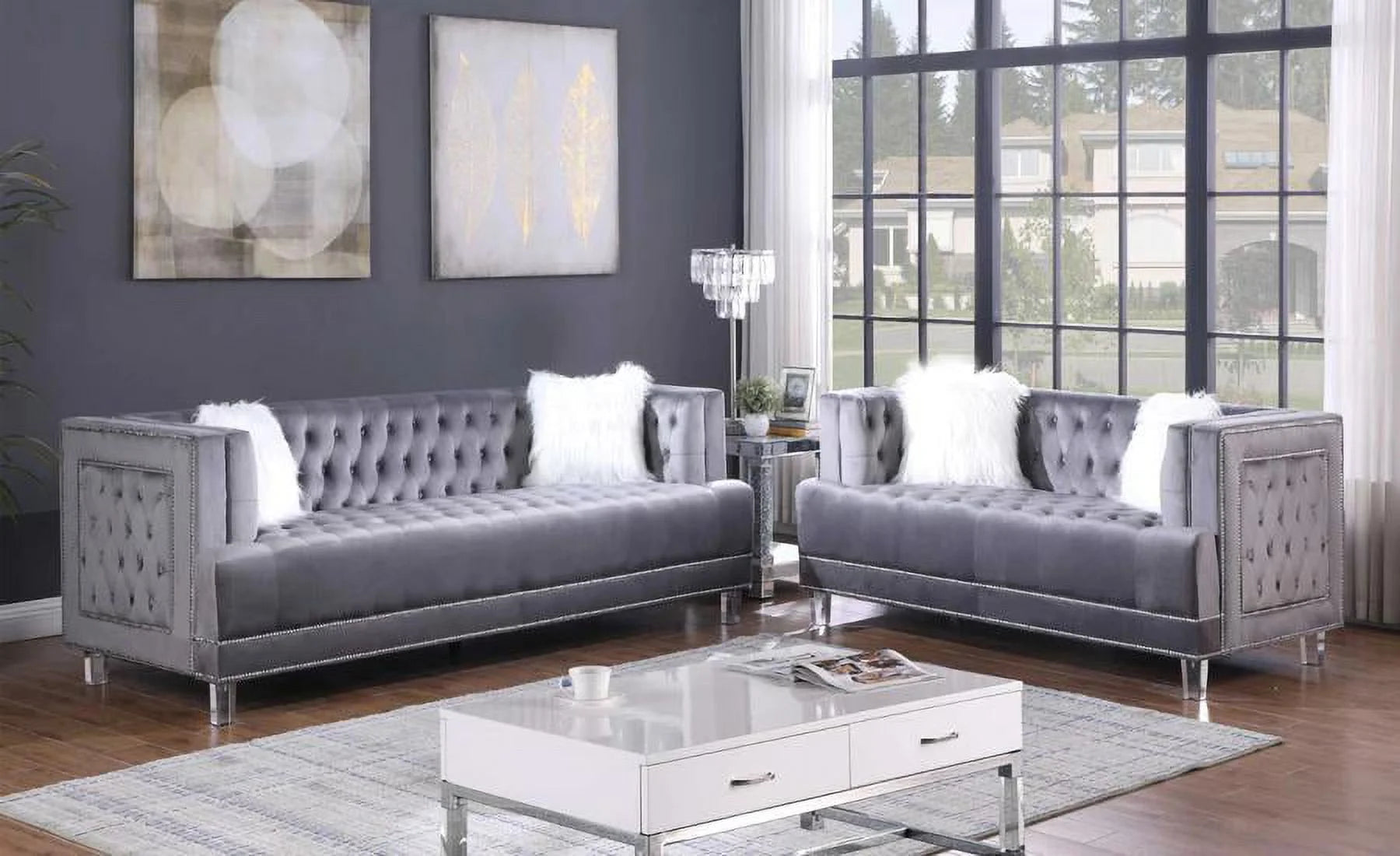 Gray Velvet Fabric Sofa & Loveseat Set 2Pcs Modern L29677