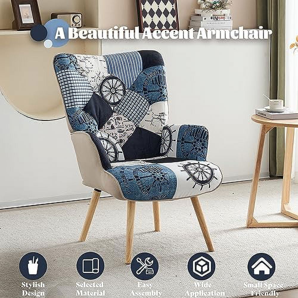 Accent Chair with High Backrest Wooden Base Upholstered Armchair for Small Spaces D652