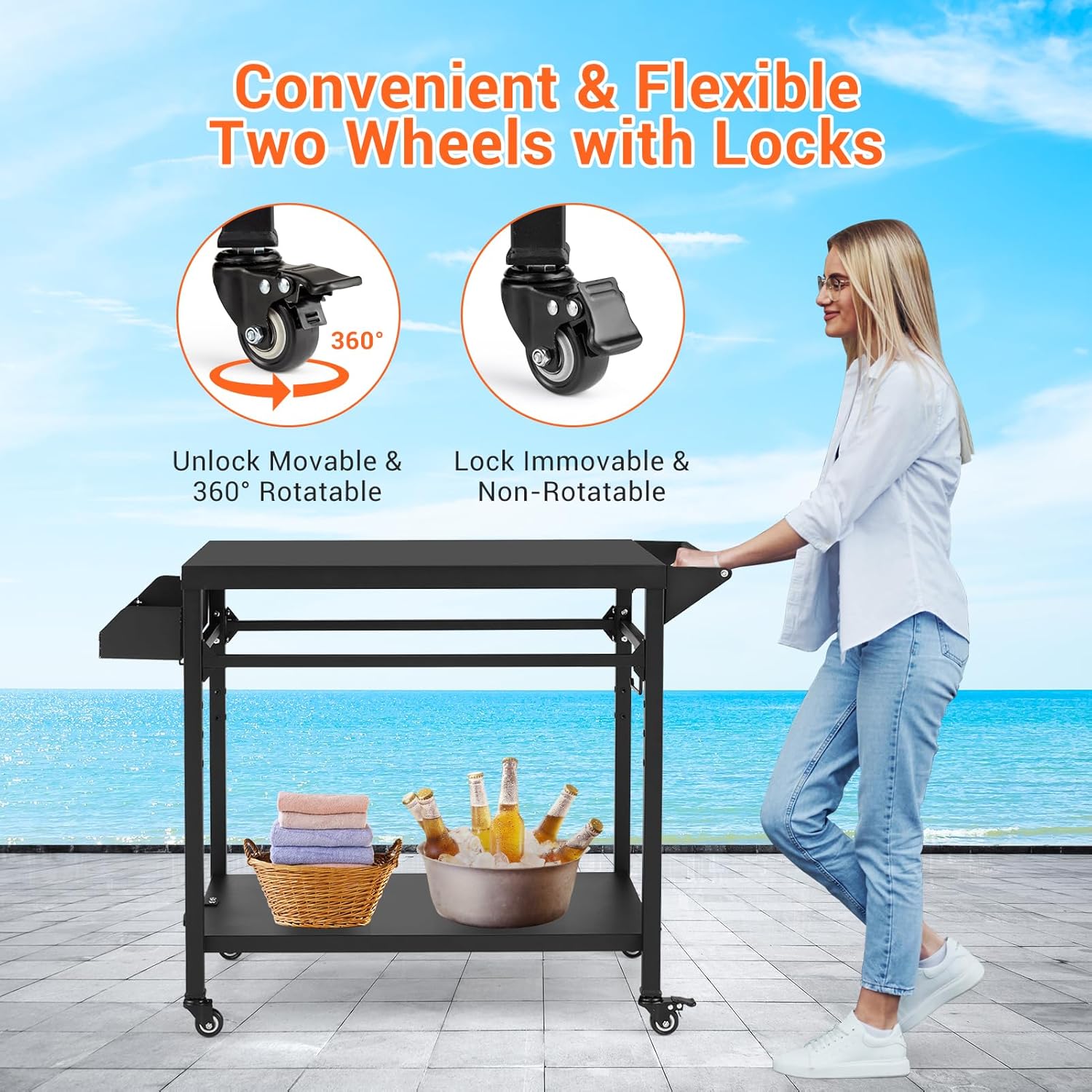Outdoor Grill Cart with Lockable Wheels, Heavy Duty BBQ Prep Table I6010