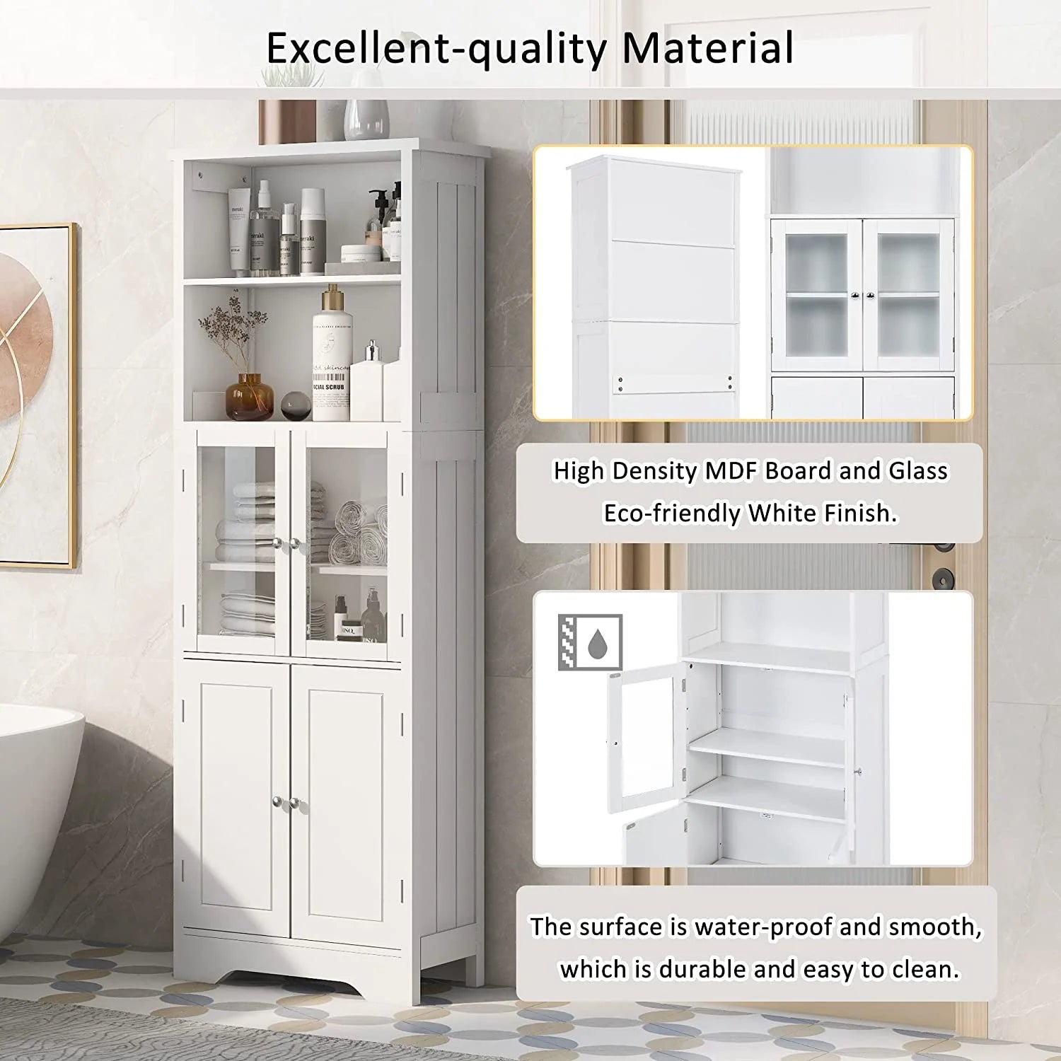 White Storage Cabinet with Glass Doors and Adjustable Shelves G37150