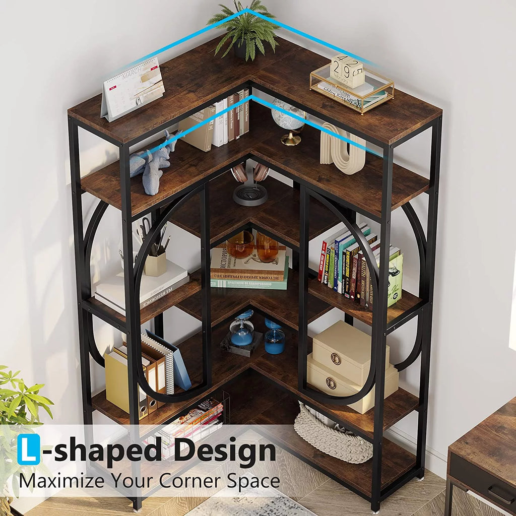 L Shaped Corner Bookshelf, 7 Shelf Bookcase, Rustic Brown & Black H2582