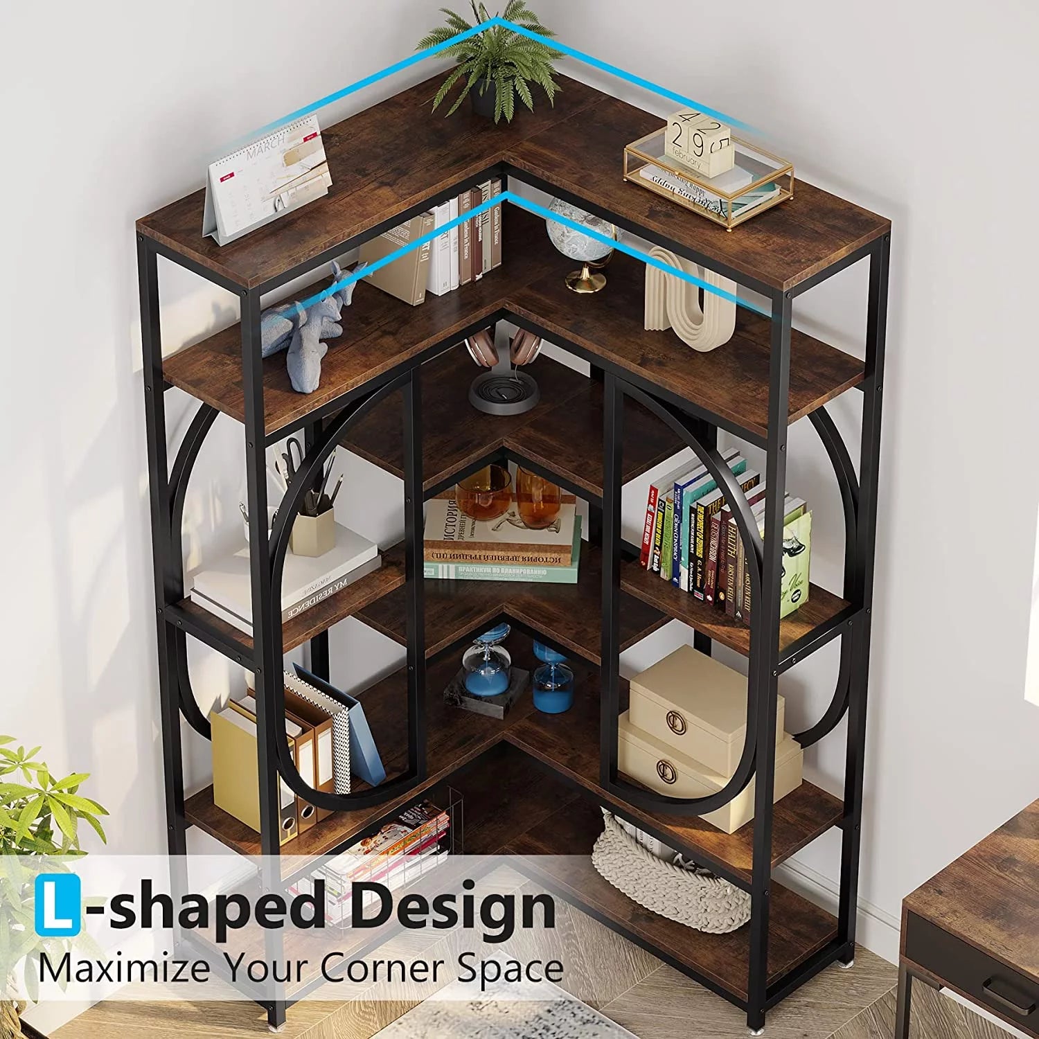 L Shaped Corner Bookshelf, 7 Shelf Bookcase, Rustic Brown & Black H2582