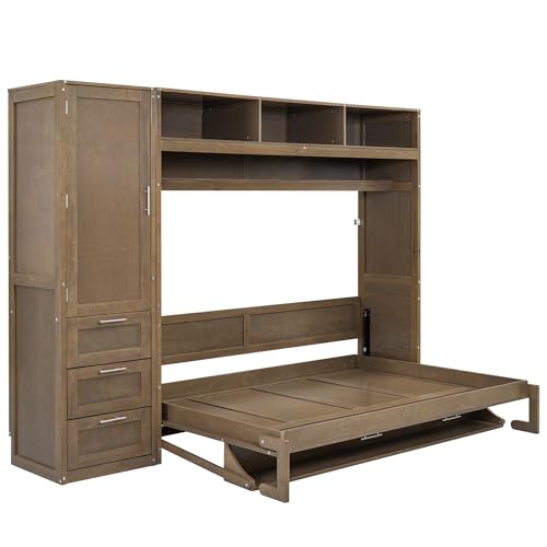 Full Size Murphy Bed with Wardrobe, Storage Drawers and Open Shelves, Solid Wood Wall Bed Frame for Bedroom Guest Room Home Office Study, Easy Assembly (Antique Grey, Full) C74375
