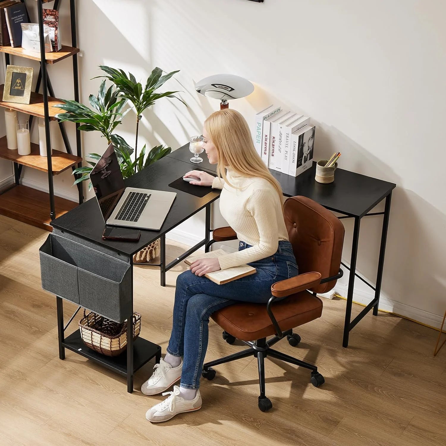 L Shaped Computer Desk 50 Inch Corner Desk with Wooden Desktop CPU Stand Q24057