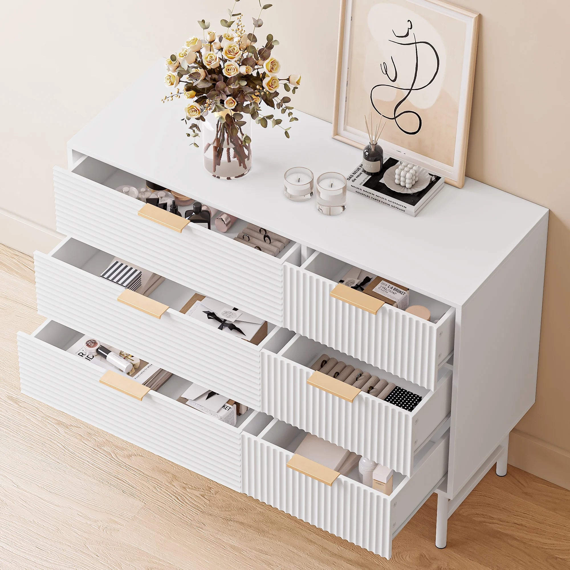 6 Drawer Dresser for Bedroom, Modern Creamy Wave Panel Wood Storage Cabinet X881